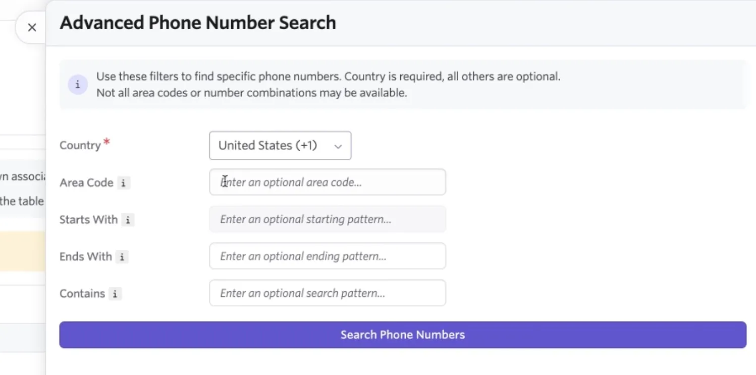 The Advanced Phone Number Search screen. The Advanced Phone Number Search screen.