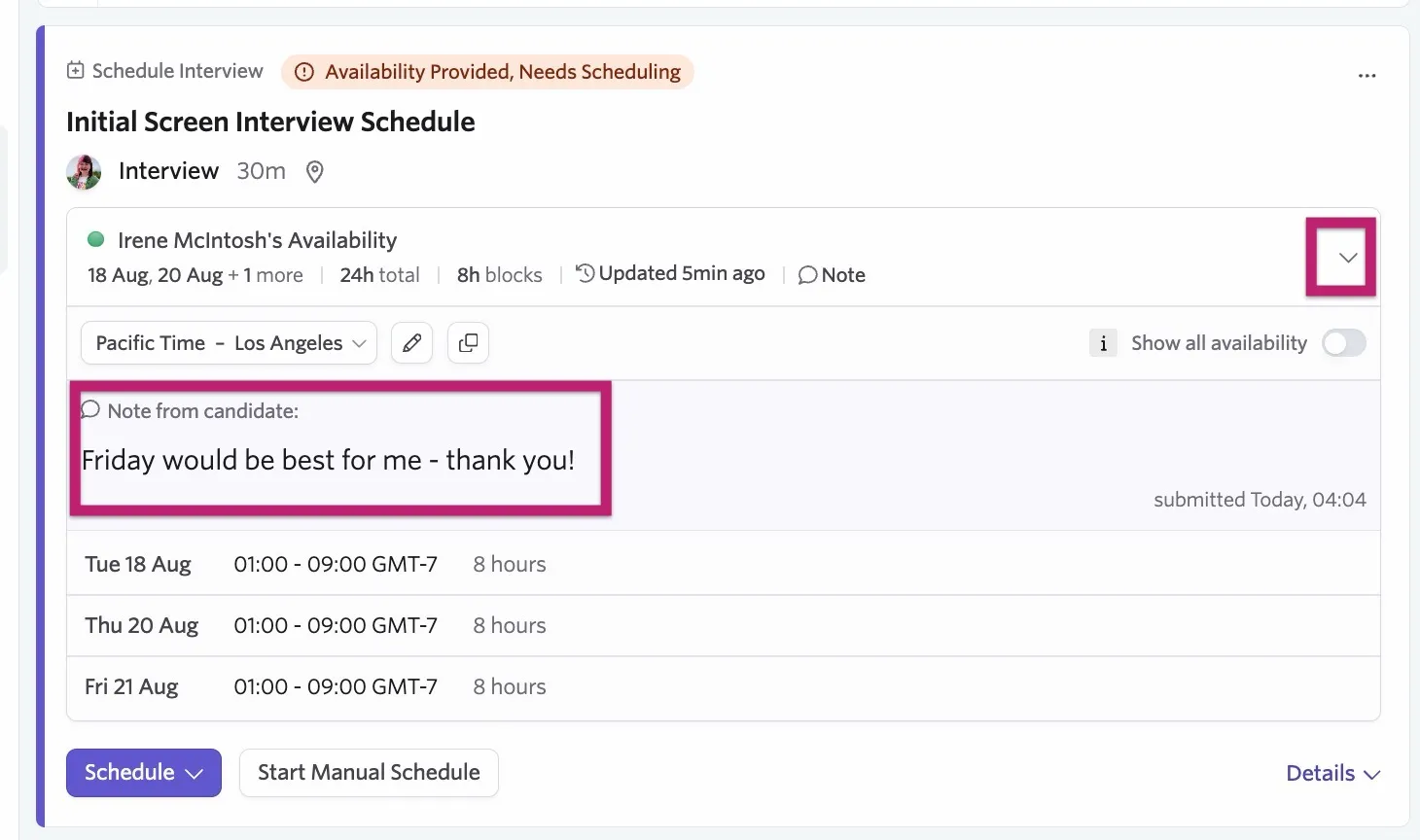The open activity details showing the note and candidate availability The open activity details showing the note and candidate availability