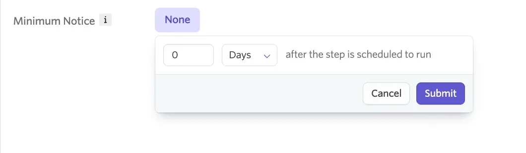 Setting a minimum notice on and Add to Recurring Event instance.