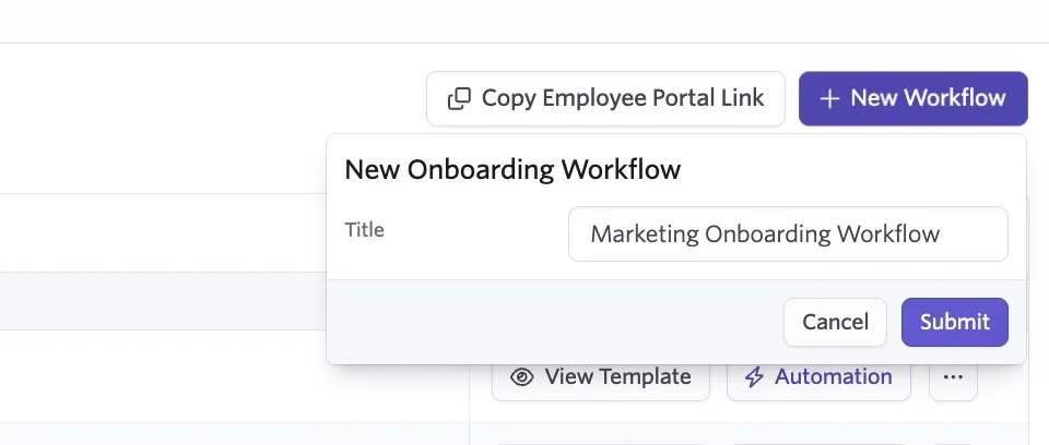 The screenshot shows the option to create a new workflow with a title added.