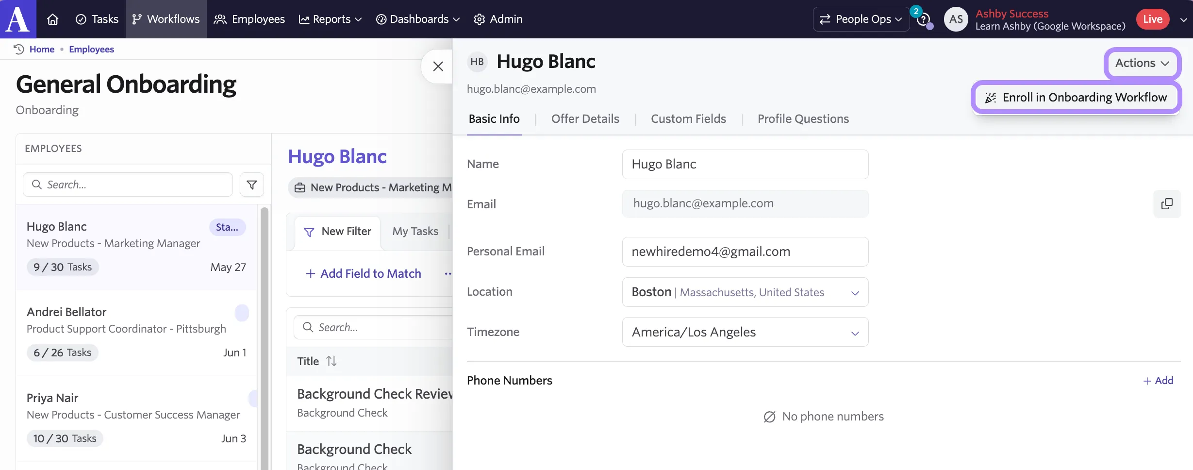 Screenshot showing the Actions menu in the upper right of the Employee profile with Enroll in Onboarding Workflow highlighted