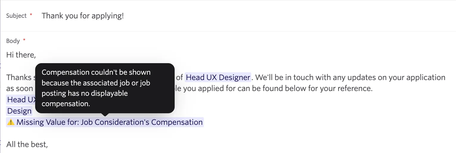 Hovering over the Missing Value for error for a compensation token will give you further information on the error. Hovering over the Missing Value for error for a compensation token will give you further information on the error.