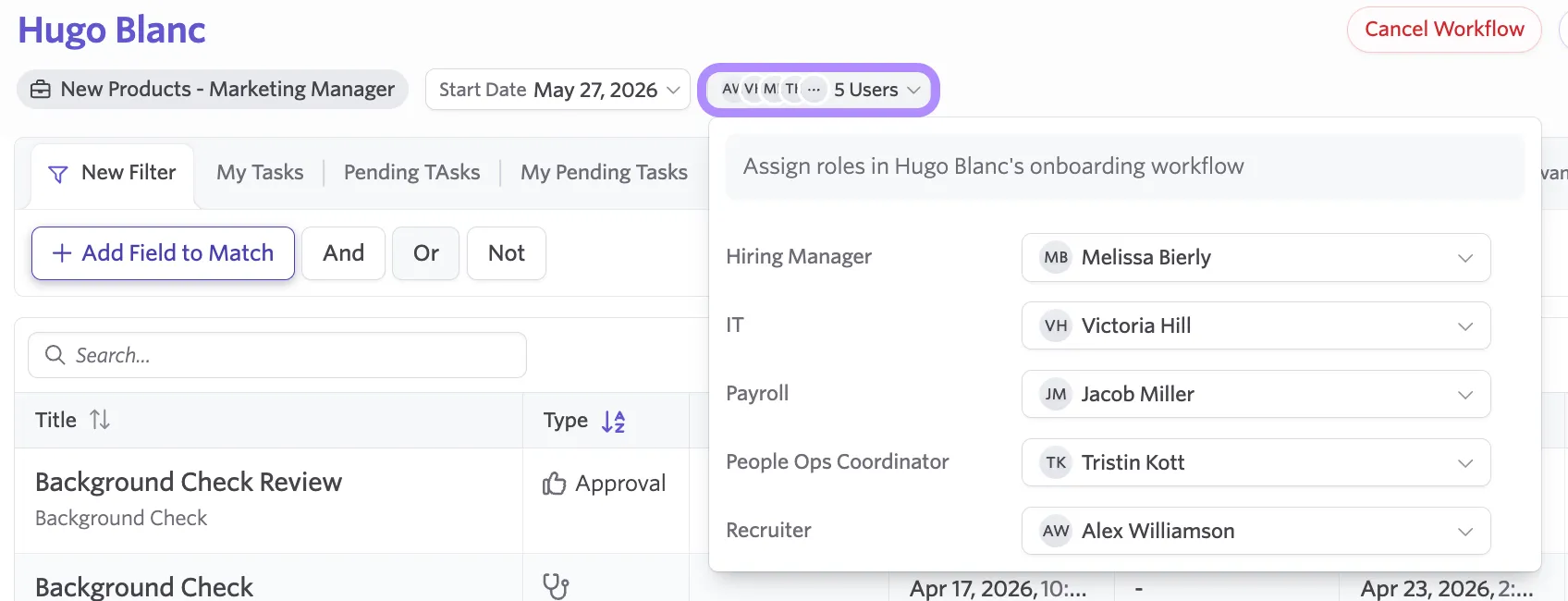 Screenshot of the Users panel for reassigning workflow role assignments
