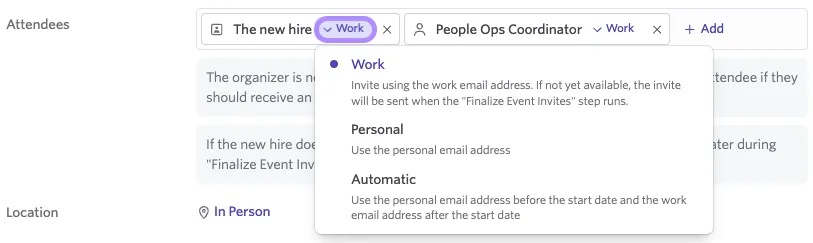 The screenshot shows the attendees being added, with the Work email option being selected for the new hire.
