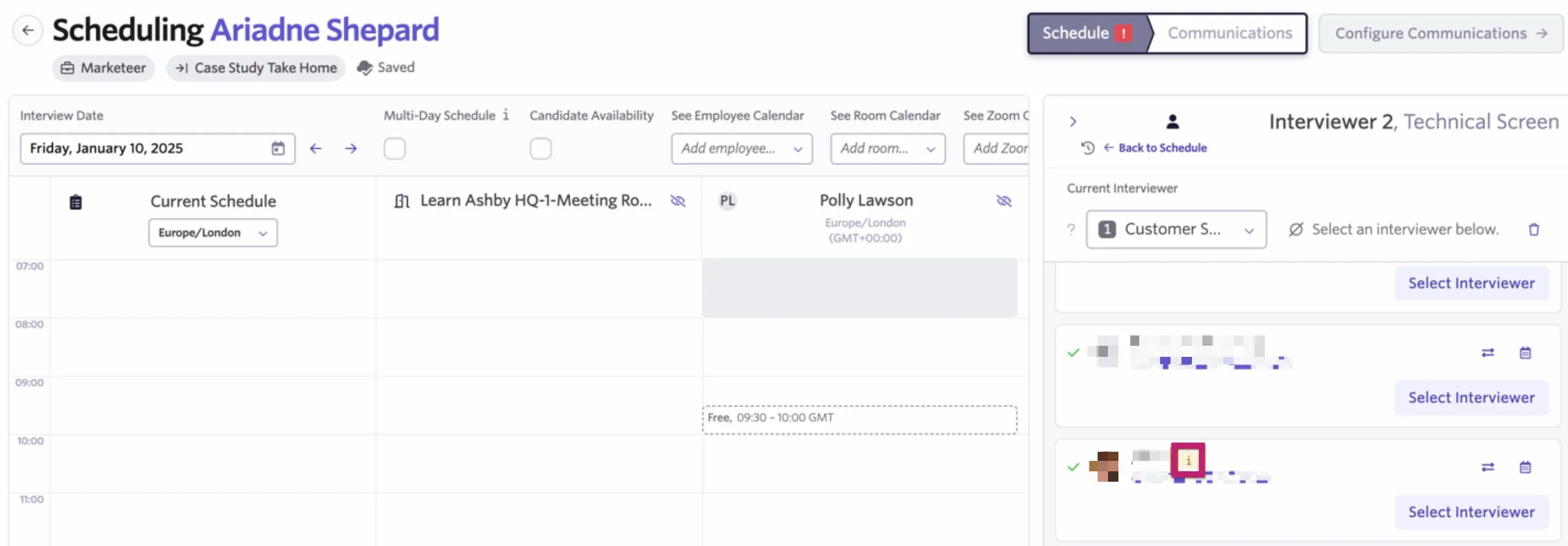 The screenshot shows interviewers in a pool on the manual scheduling screen. One interviewer has a yellow i icon.