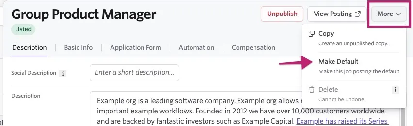 Group Product Manager job posting with the More menu open and the Make Default option highlighted.