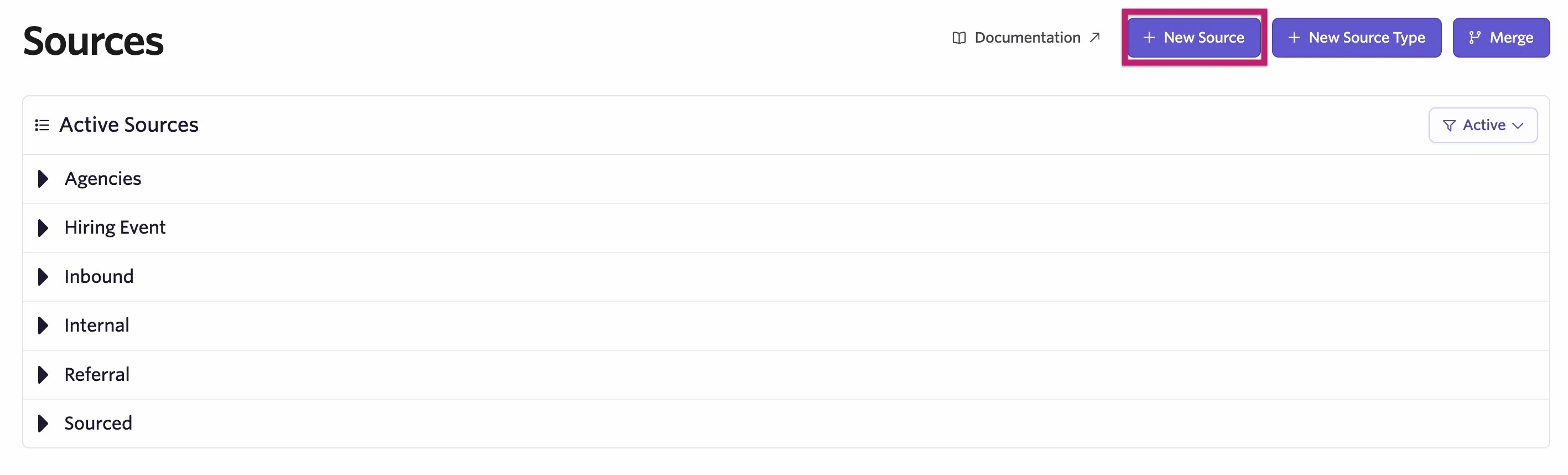 The Sources page with the New Source button highlighted