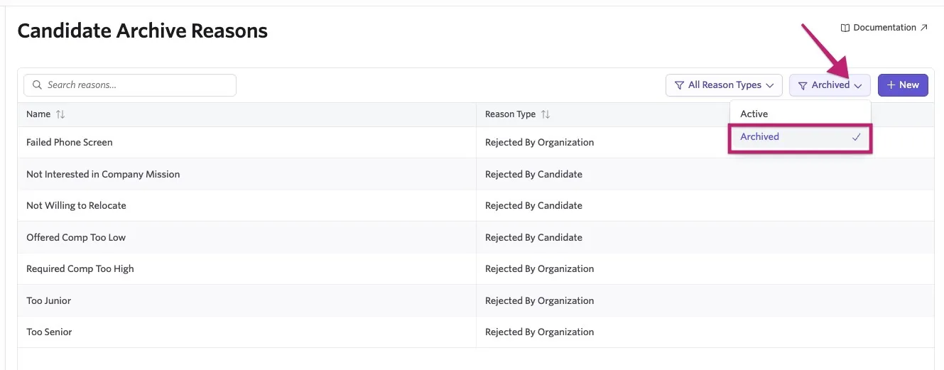 Candidate Archive Reasons settings page with the status filter set to "Archived." The dropdown shows Active and Archived options, with Archived selected and highlighted. Candidate Archive Reasons settings page with the status filter set to "Archived." The dropdown shows Active and Archived options, with Archived selected and highlighted.