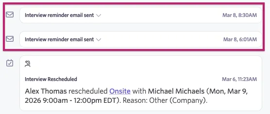 Screenshot of collapsed interview reminder automated emails.