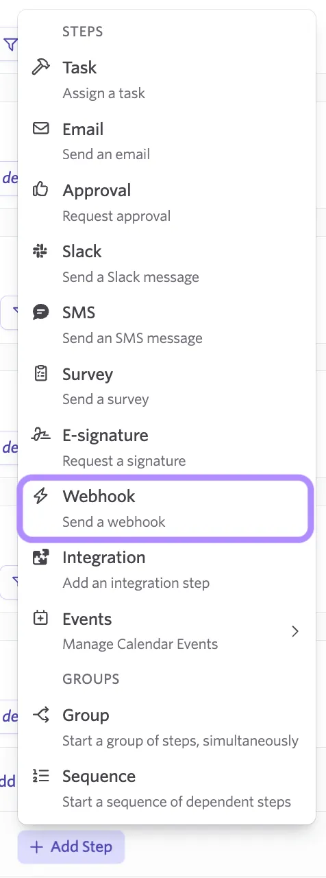 Screenshot of the options to add a step with the Webhook option highlighted.