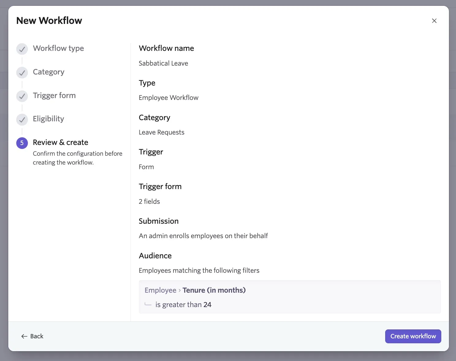 The screenshot shows the final Review & create step in the New Workflow wizard.