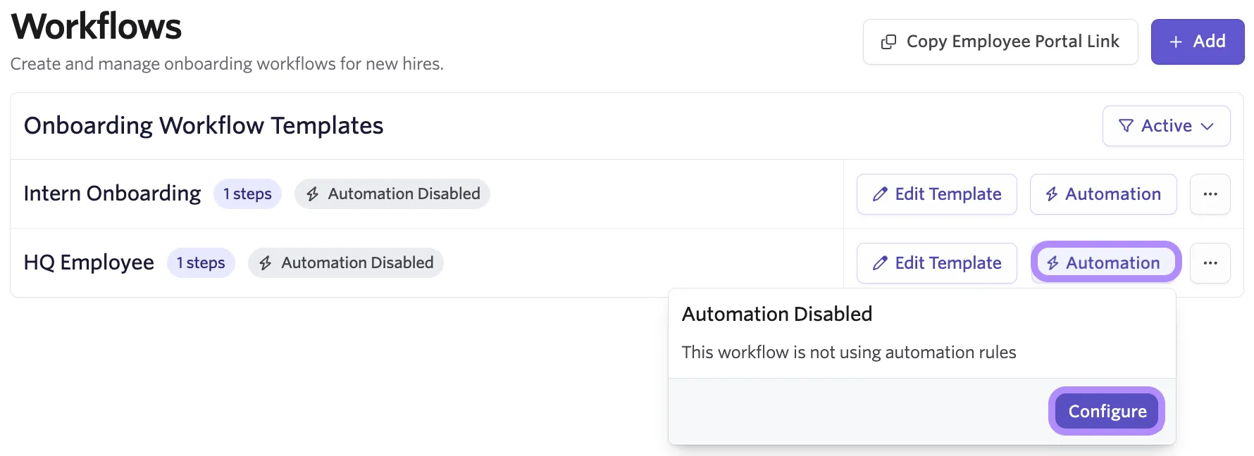 Screenshot of the Onboarding Workflow Automation setup wizard showing the option to configure automation.