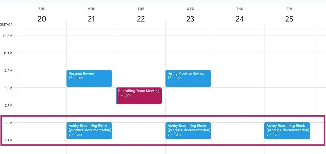 Weekly calendar showing Ashby Recruiting Blocks scheduled from 3–4 PM on Monday, Wednesday, and Friday, highlighted within the calendar. Weekly calendar showing Ashby Recruiting Blocks scheduled from 3–4 PM on Monday, Wednesday, and Friday, highlighted within the calendar.