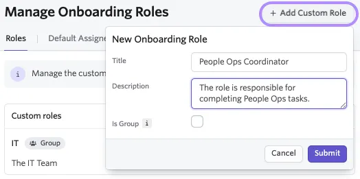 Screenshot of the Add Custom Role dialog with Title, Description, and Is Group fields