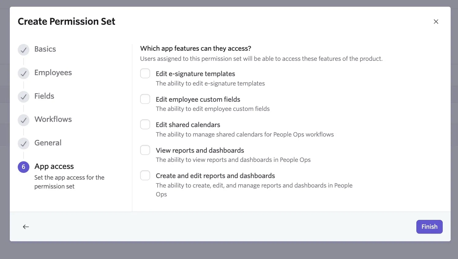The App access section of permissions sets with each app feature listed with a checkbox to enable it.