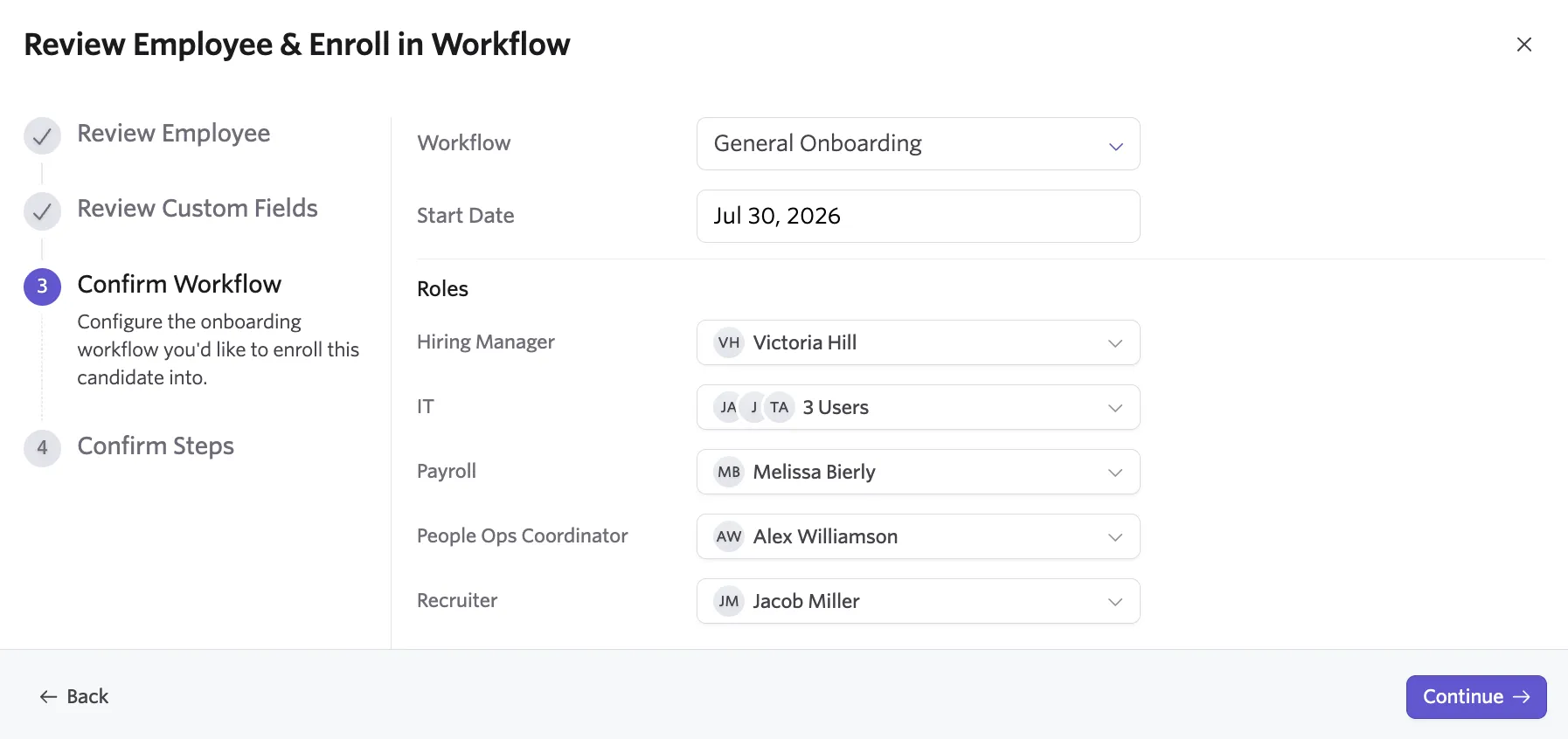Screenshot of the Workflow Enrollment wizard on the role assignees step showing workflow roles and assignee selections