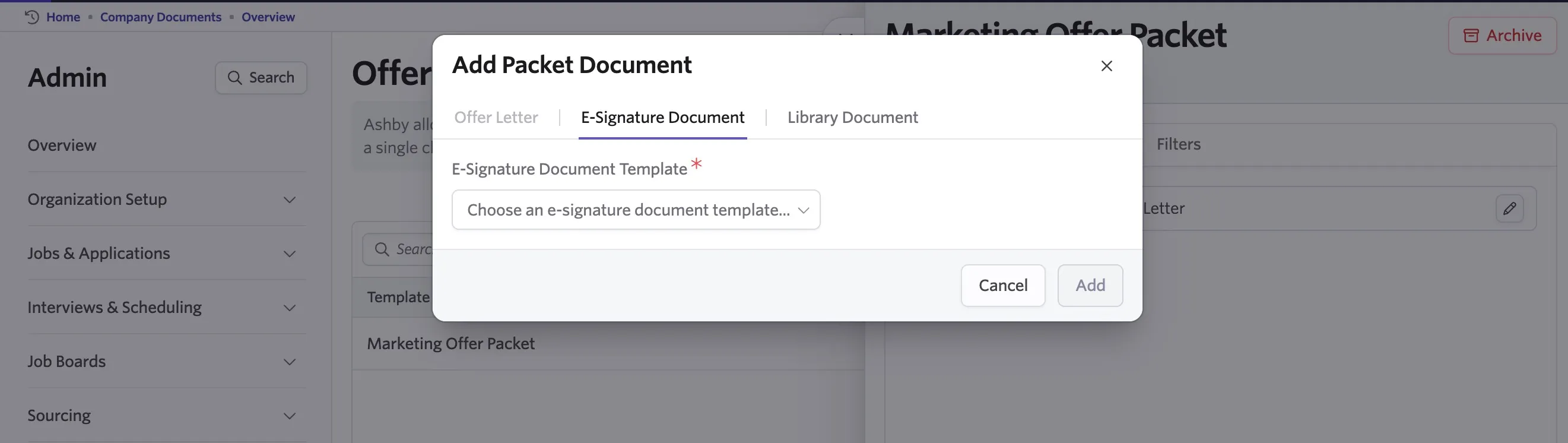 Add Packet Document dialog with the E-Signature Document tab selected and a required dropdown to choose an e-signature document template. Add Packet Document dialog with the E-Signature Document tab selected and a required dropdown to choose an e-signature document template.