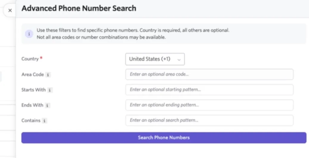 The screenshot shows the Advanced Phone Number Search interfact.