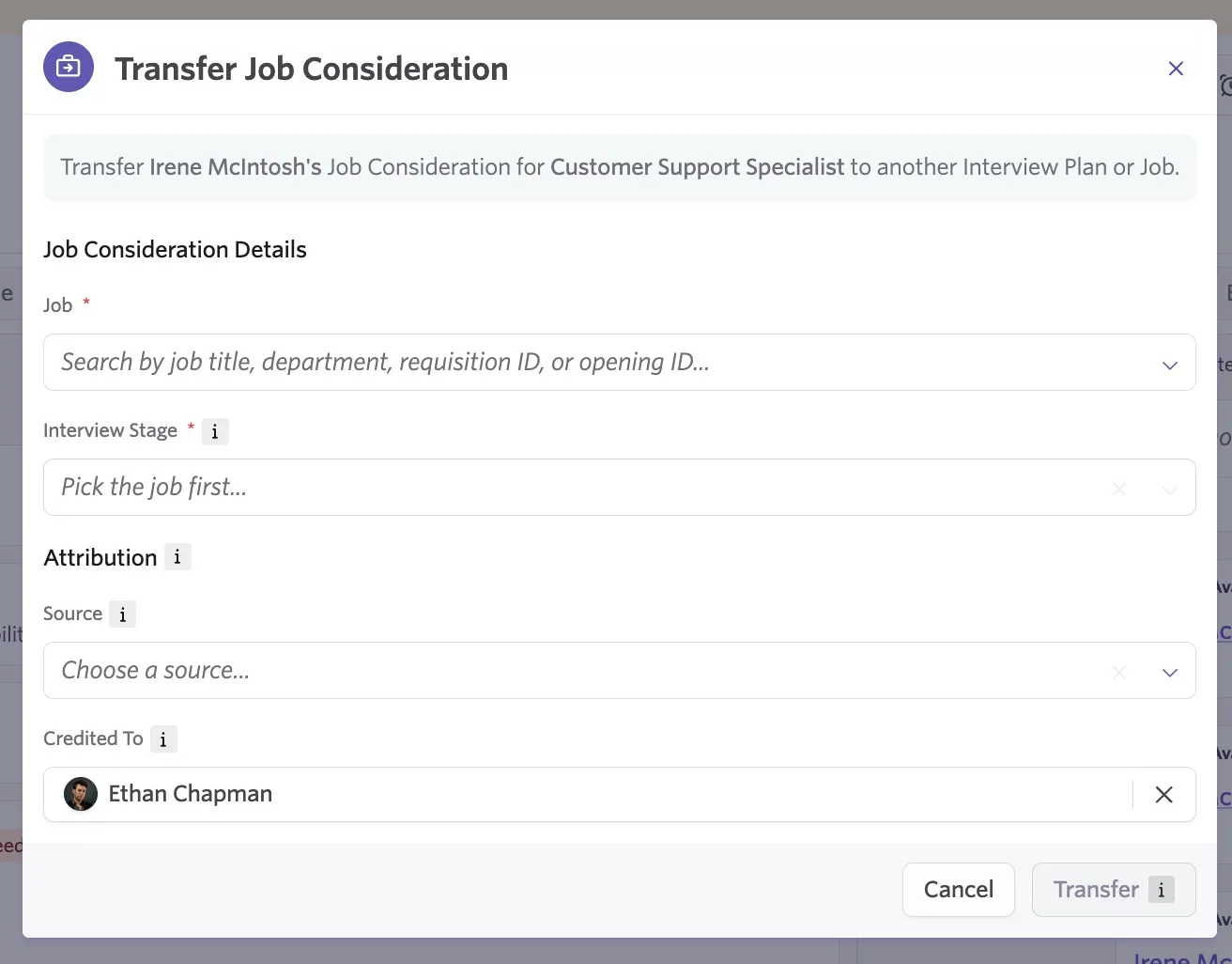 The pop-up where you can set the job, interview plan and attribution for the application transfer.