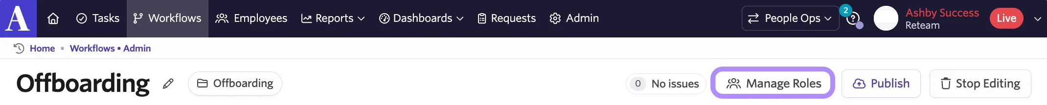 Screenshot showing the Workflow configuration page with the Manage Roles button highlighted in the upper right corner