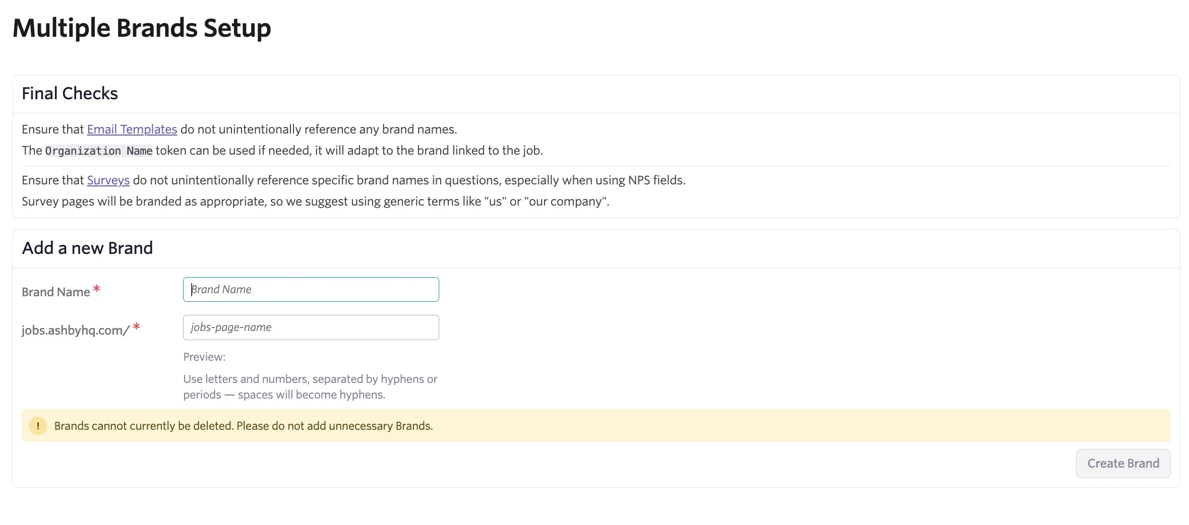 The Final Checks and New Brand section of the Multiple Brands Setup page. The Final Checks and New Brand section of the Multiple Brands Setup page.