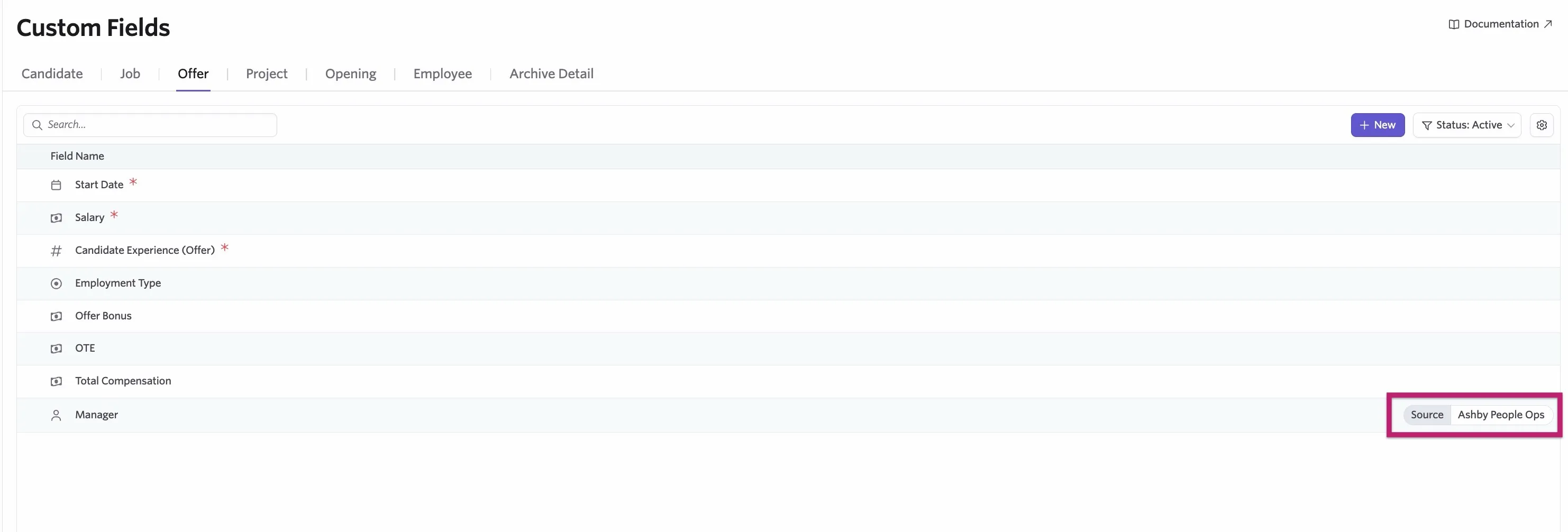 The Ashby People Ops custom field appearing on the Custom fields list in Ashby Recruiting. The Ashby People Ops custom field appearing on the Custom fields list in Ashby Recruiting.