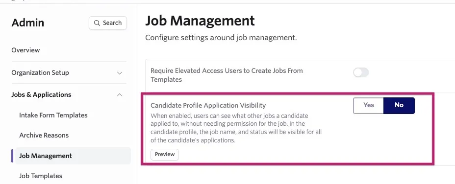 Ashby Admin Job Management settings with Candidate Profile Application Visibility set to No. Ashby Admin Job Management settings with Candidate Profile Application Visibility set to No.