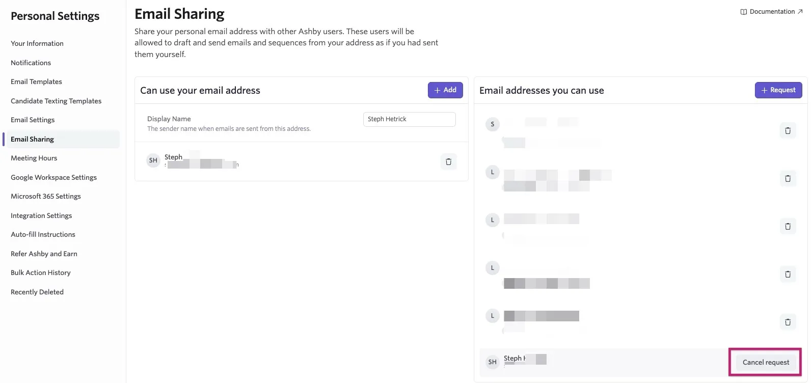 Email Sharing settings showing a pending request to use another user’s email address, with the Cancel request button highlighted. Email Sharing settings showing a pending request to use another user’s email address, with the Cancel request button highlighted.