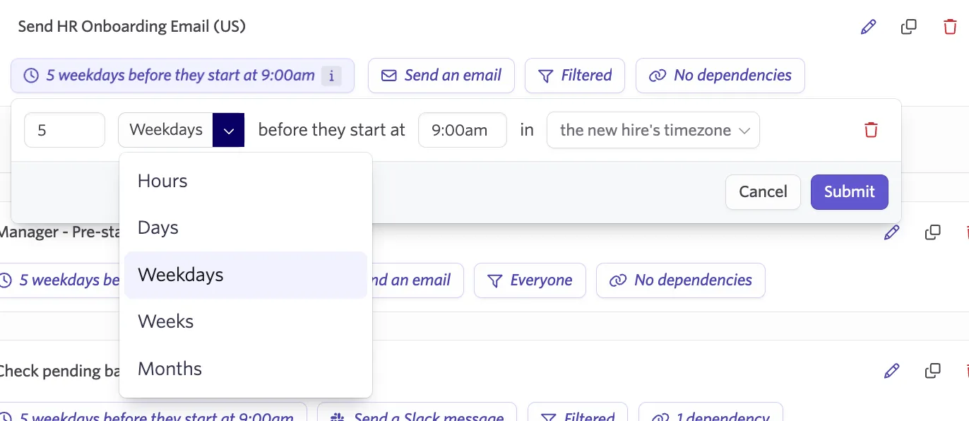 Screenshot of the delay configuration options on a workflow step Screenshot of the delay configuration options on a workflow step