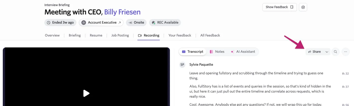 Points out the Share button on the top right side of the screen