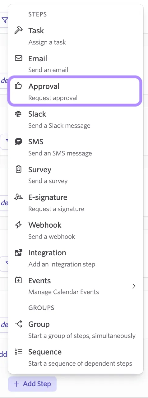 Screenshot of the workflow step picker showing the Approval step option