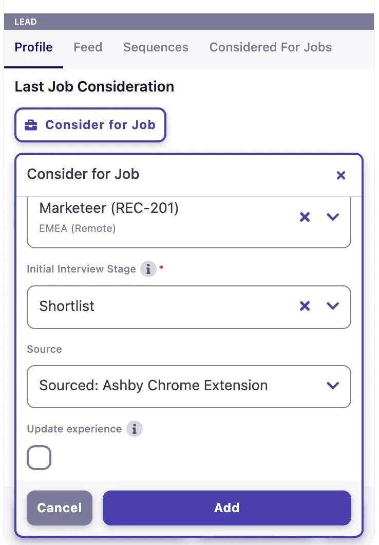 The screenshot shows the Update experience checkbox on the Ashby Chrome extension. The screenshot shows the Update experience checkbox on the Ashby Chrome extension.