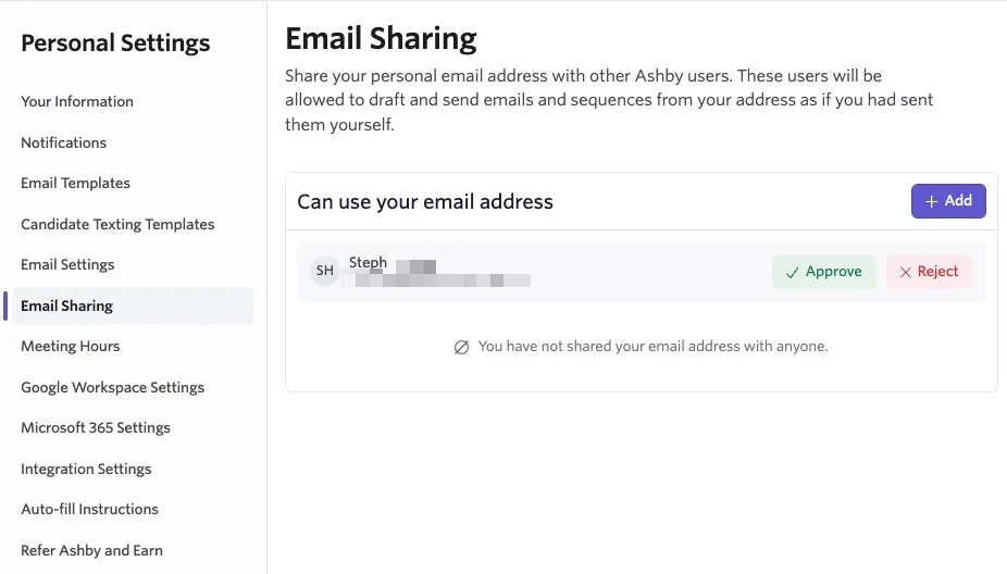 Email Sharing settings showing a pending request from a user to send emails from the account, with options to approve or reject the request. Email Sharing settings showing a pending request from a user to send emails from the account, with options to approve or reject the request.