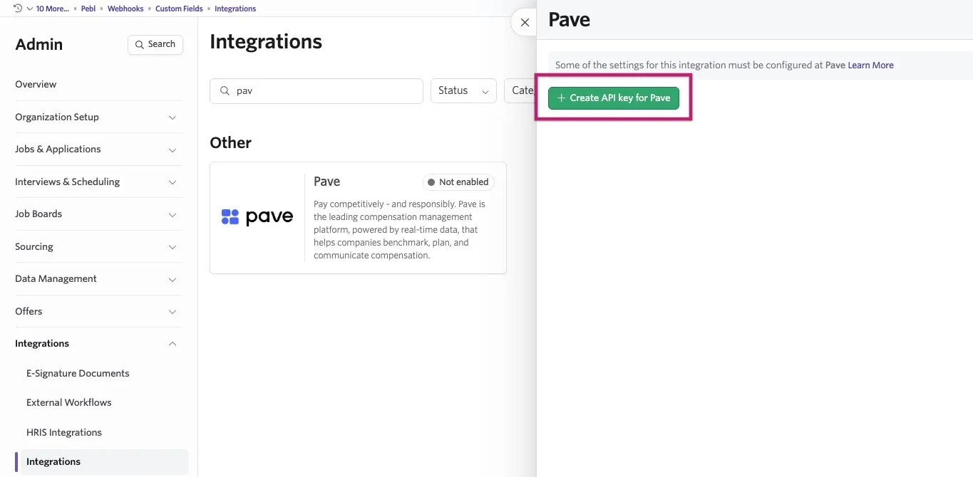 Ashby Admin Integrations page showing the Pave integration panel, with the “Create API key for Pave” button highlighted.