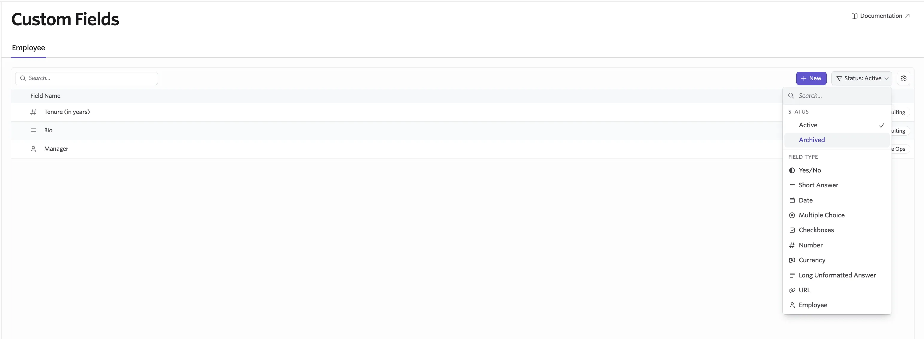 The screenshot shows the option to filter by status and by custom field type.
