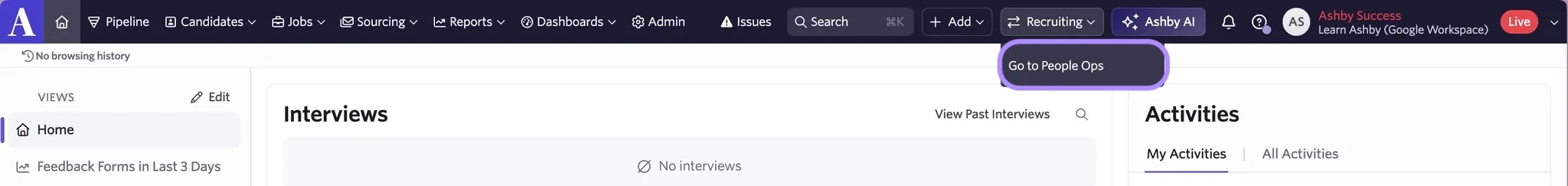 Screenshot of the module switcher showing the People Ops option highlighted in the navigation dropdown Screenshot of the module switcher showing the People Ops option highlighted in the navigation dropdown