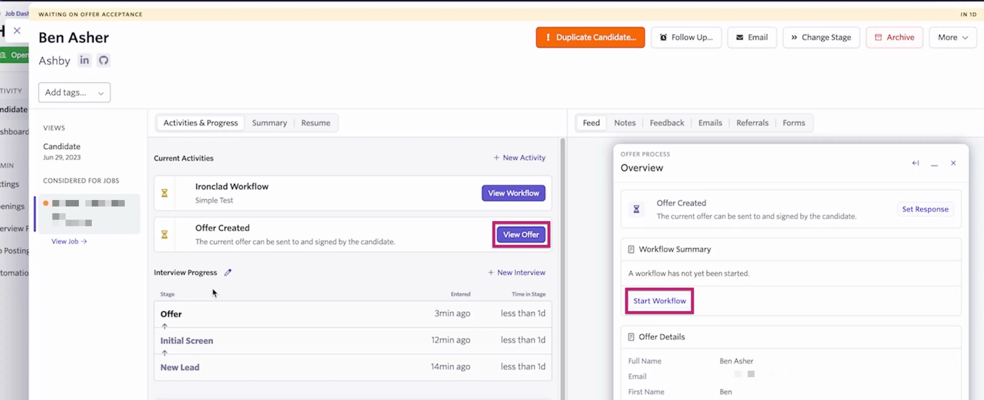 Starting a workflow from within the offer details on the candidate's profile.