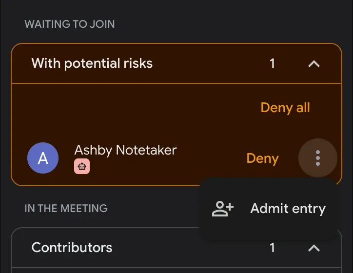 Screenshot showing the expanded menu in Google Meet used to admit the AI Notetaker entry.