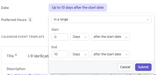 Setting the scheduling window in reference to the new hires start date for an Event step.