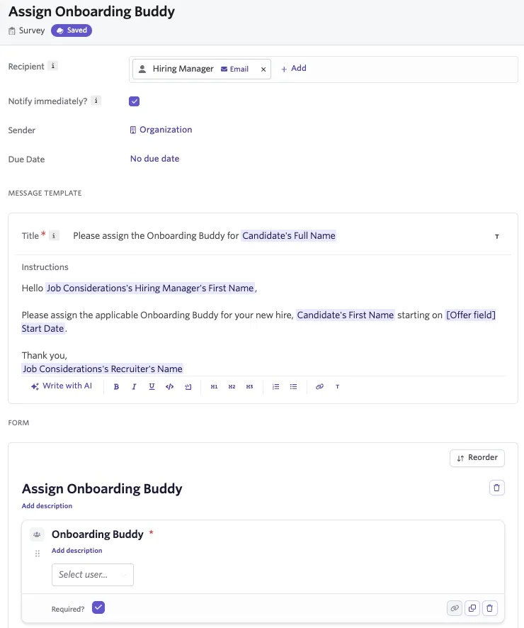 Screenshot showing the Onboarding Buddy survey step configured in the workflow with the dependency setting