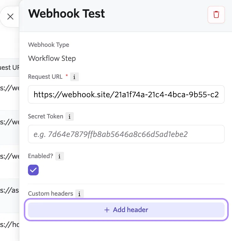 The screenshot shows the screen to configure a webhook step with the + Add header button highlighted.