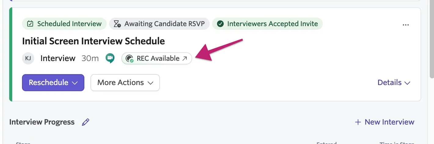 Screenshot of the candidate progress feed showing the REC Available status indicator on a completed interview activity.