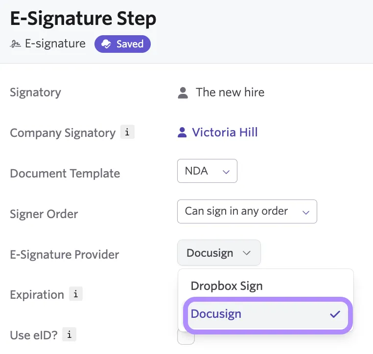 E-Signature step configuration panel with the E-Signature Provider dropdown open, showing Dropbox Sign and Docusign options. Docusign is selected and highlighted.