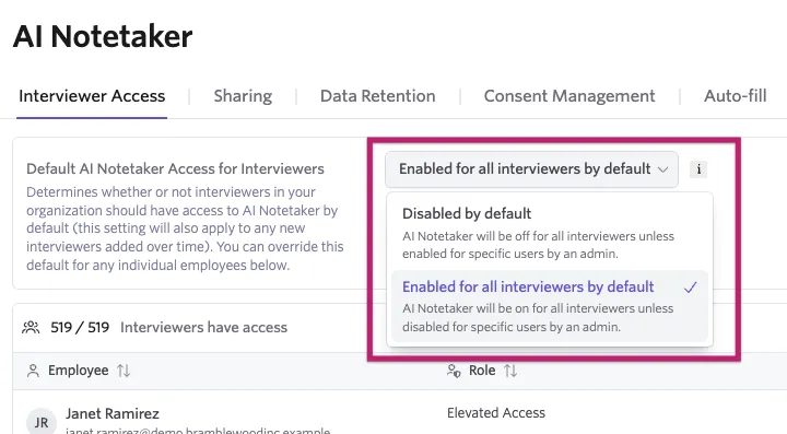 Screenshot of the dropdown menu for setting the default AI Notetaker status for all interviewers.