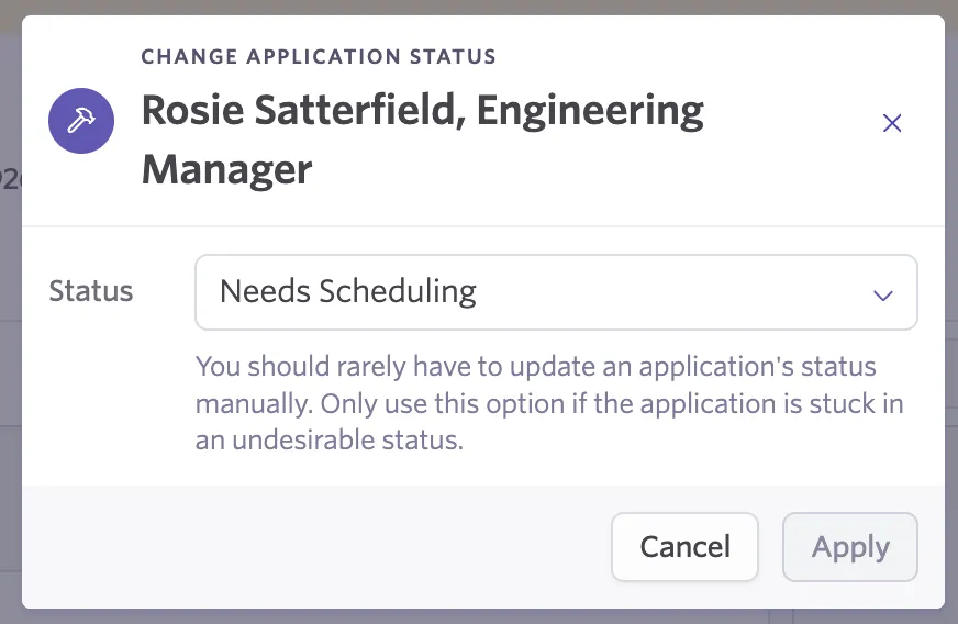 Shows the window to manually update the application status of a candidate