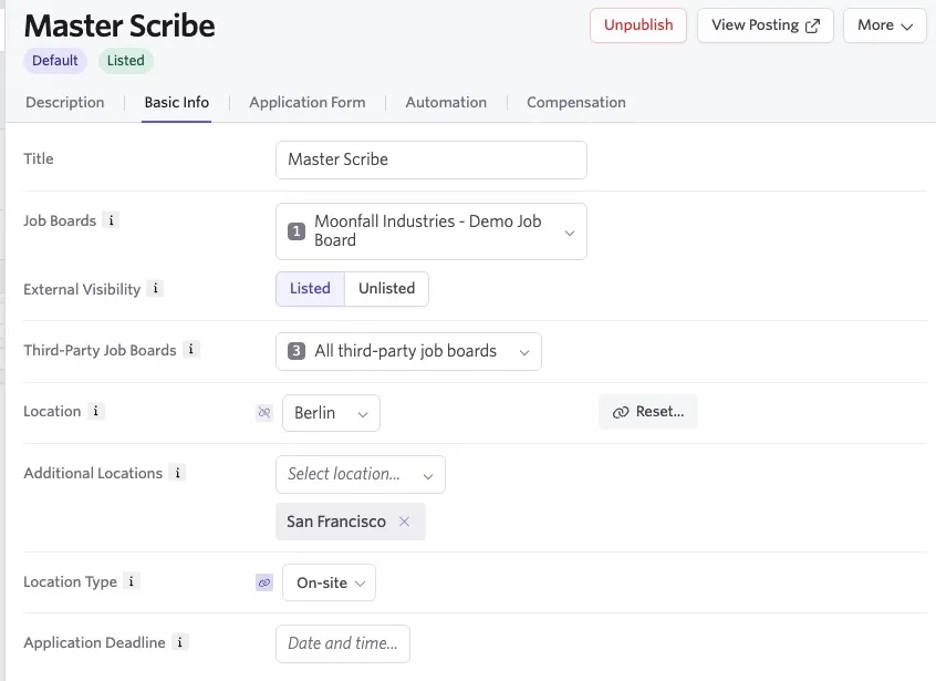 Basic Info settings for the Master Scribe job, showing job board visibility, Berlin as the primary location, San Francisco as an additional location, and On-site as the location type.