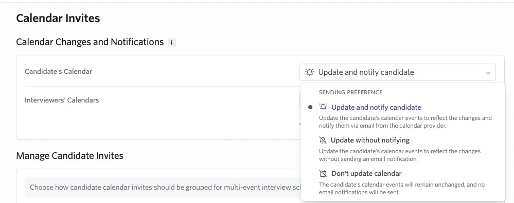 Ashby Calendar Invites settings with the candidate calendar update menu open, showing options to update and notify the candidate, update without notifying, or not update the calendar.