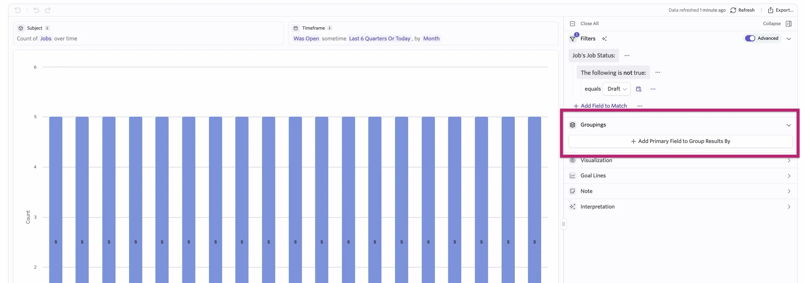 Screenshot showing the Select a field option for grouping report results by an additional field in the Report Builder