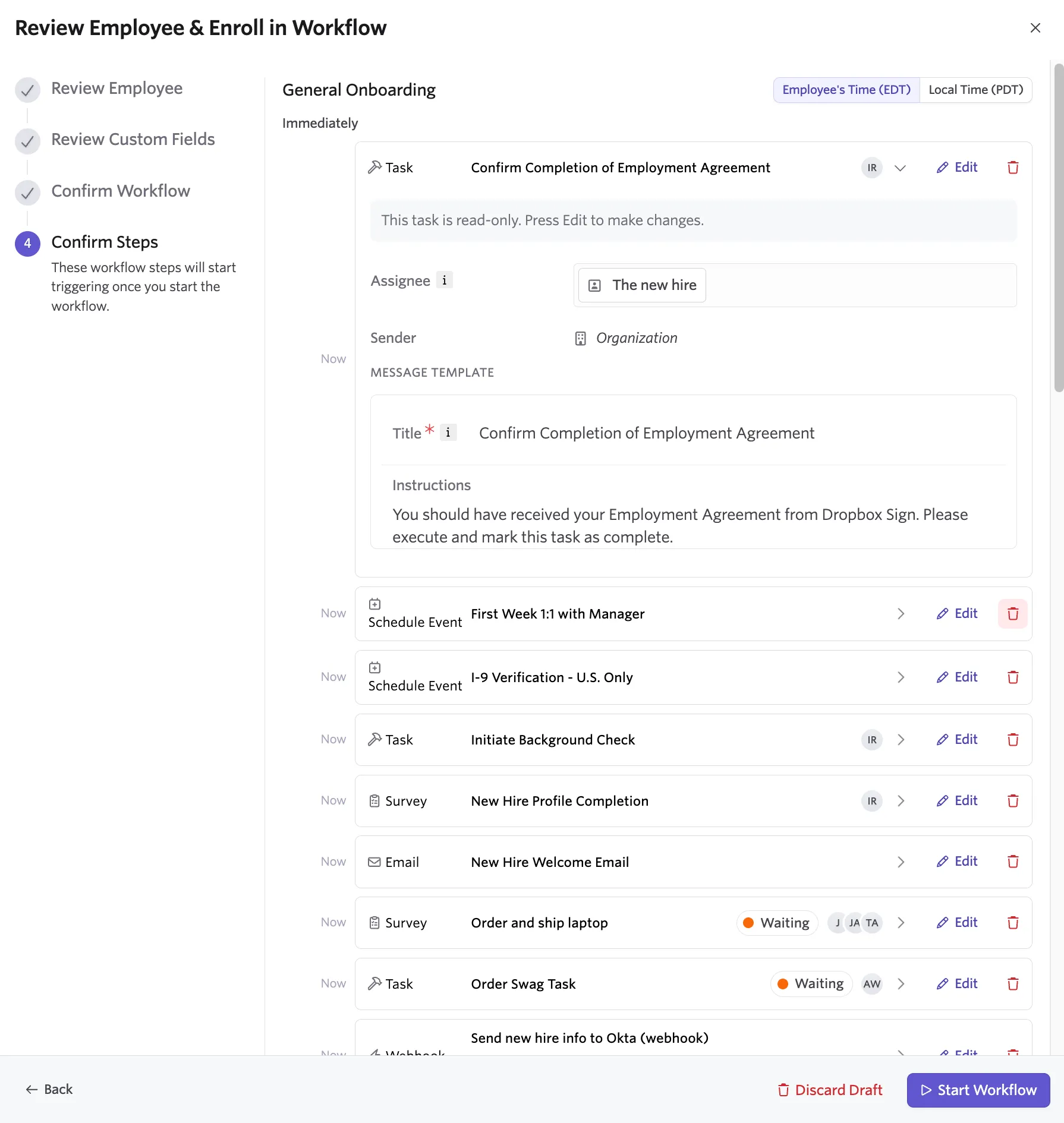 Screenshot of the Workflow Enrollment wizard on the workflow steps review step showing steps and scheduled delays
