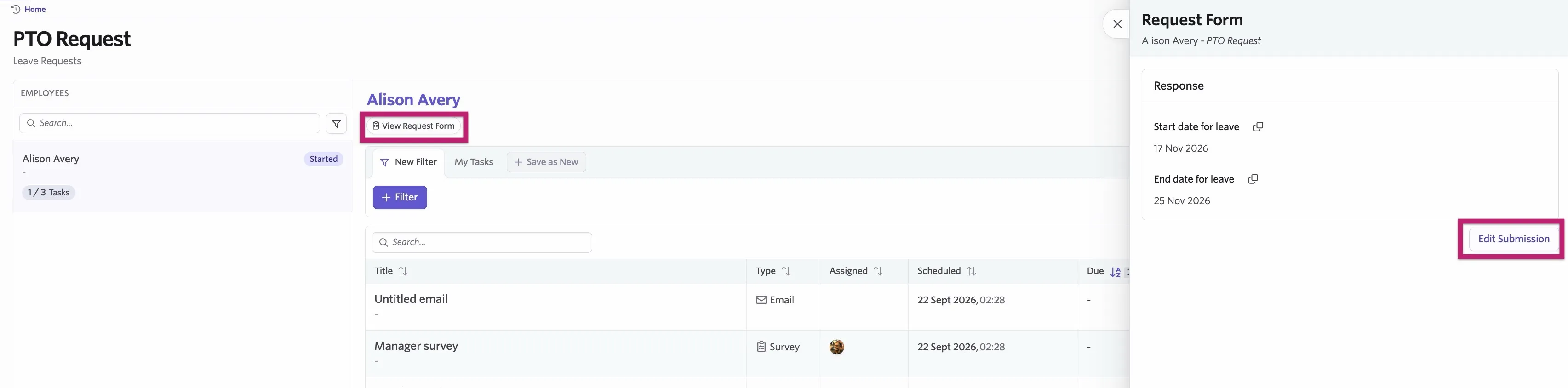A workflow open showing enrollments. The View Request Form options and Edit Submission options in the popover are highlighted.